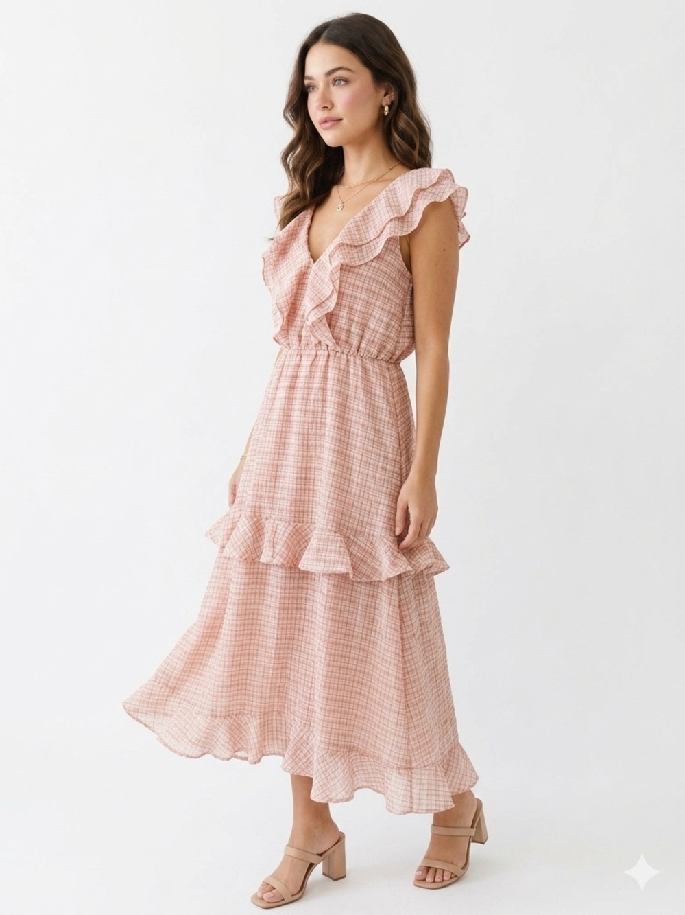 NSR Blush Pink Ruffle Midi Dress | Size Small | Textured Plaid Fit & Flare